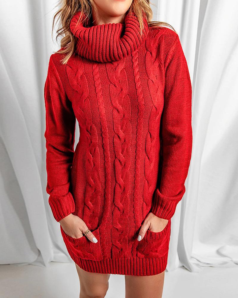 

Long Sleeve Turtleneck Cable Knit Sweater Dress, Red