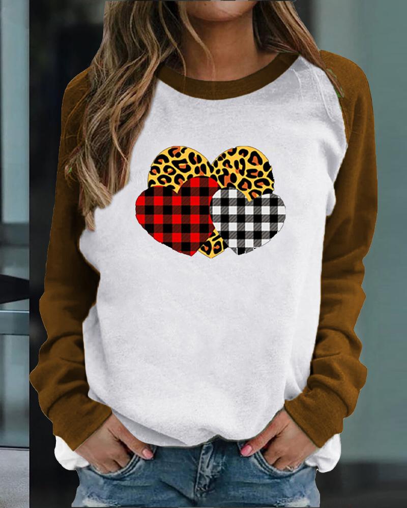 

Valentine' Day Heart Print Raglan Sleeve Sweatshirt, Coffee