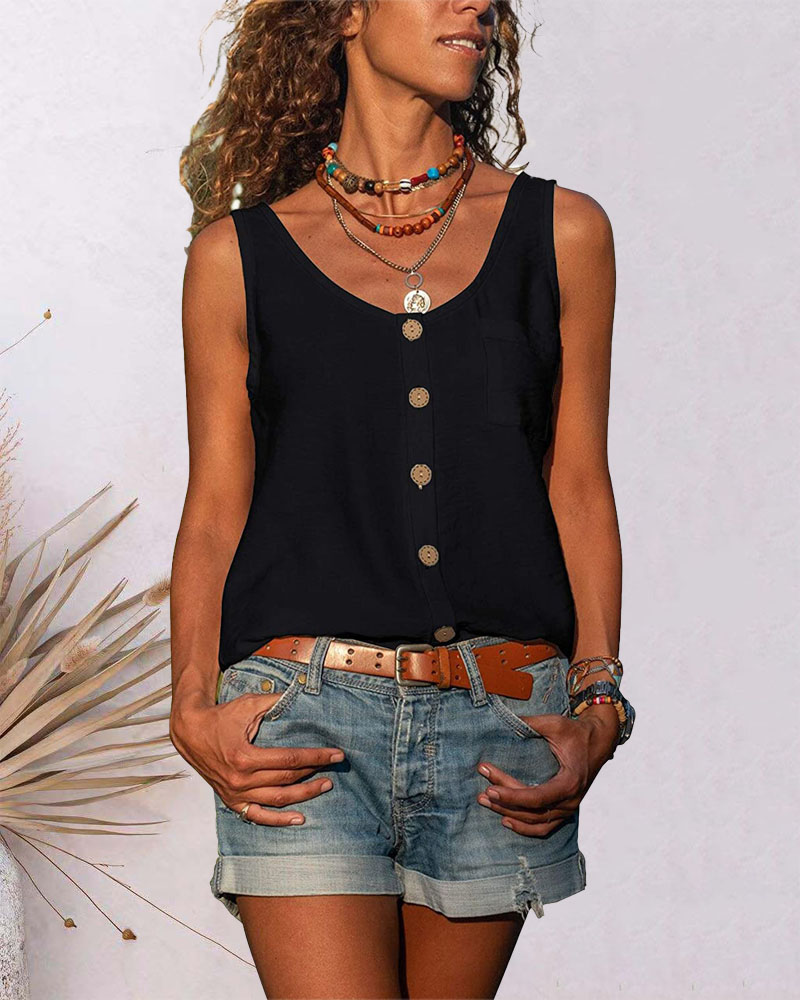 

Pocket Button Decor Casual Tank Top, Black
