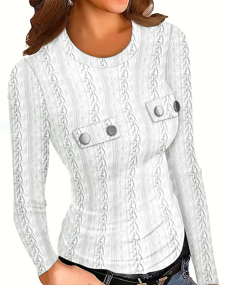 

Round Neck Long Sleeve Buttoned Textured Top, White