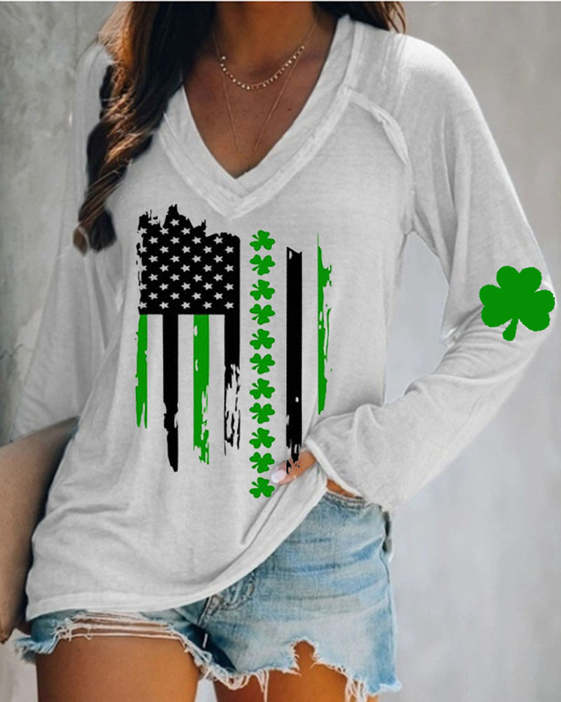 

St. Patrick' Day Clover Flag Print Long Sleeve Top, White