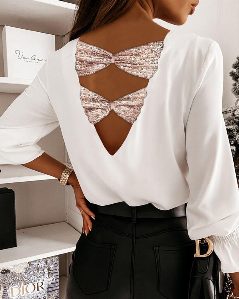 

Contrast Sequin Bowknot Design V-Back Long Sleeve Top, White