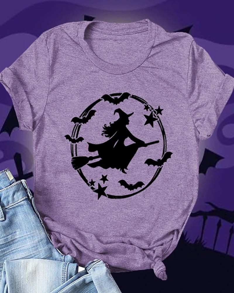 

Halloween Witch Print Short Sleeve T-Shirt, Purple