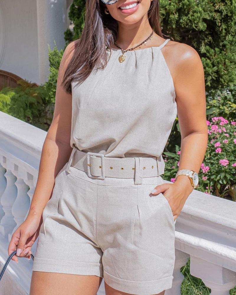 

Cami Top & Pocket Design Shorts Set With Belt, Beige