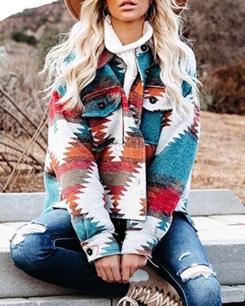 

Aztec Geometric Print Pocket Design Jacket, Orange
