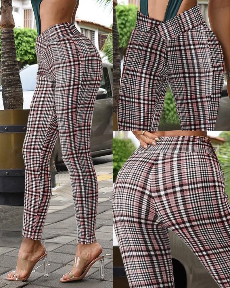 

Plaid Print High Waist Skinny Pants, Pink