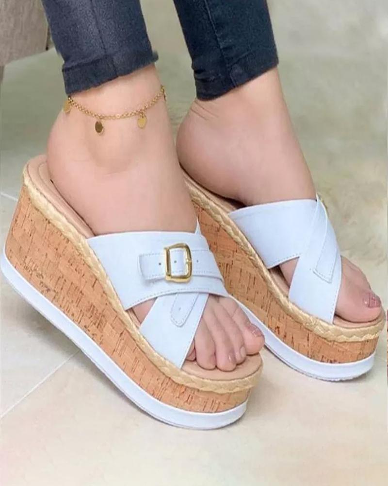 

Cross Strap Buckled Platform Slippers, White