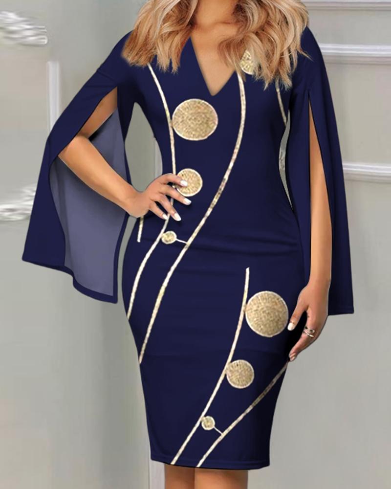 

Geometric Print Split Sleeve Midi Dress, Dark blue