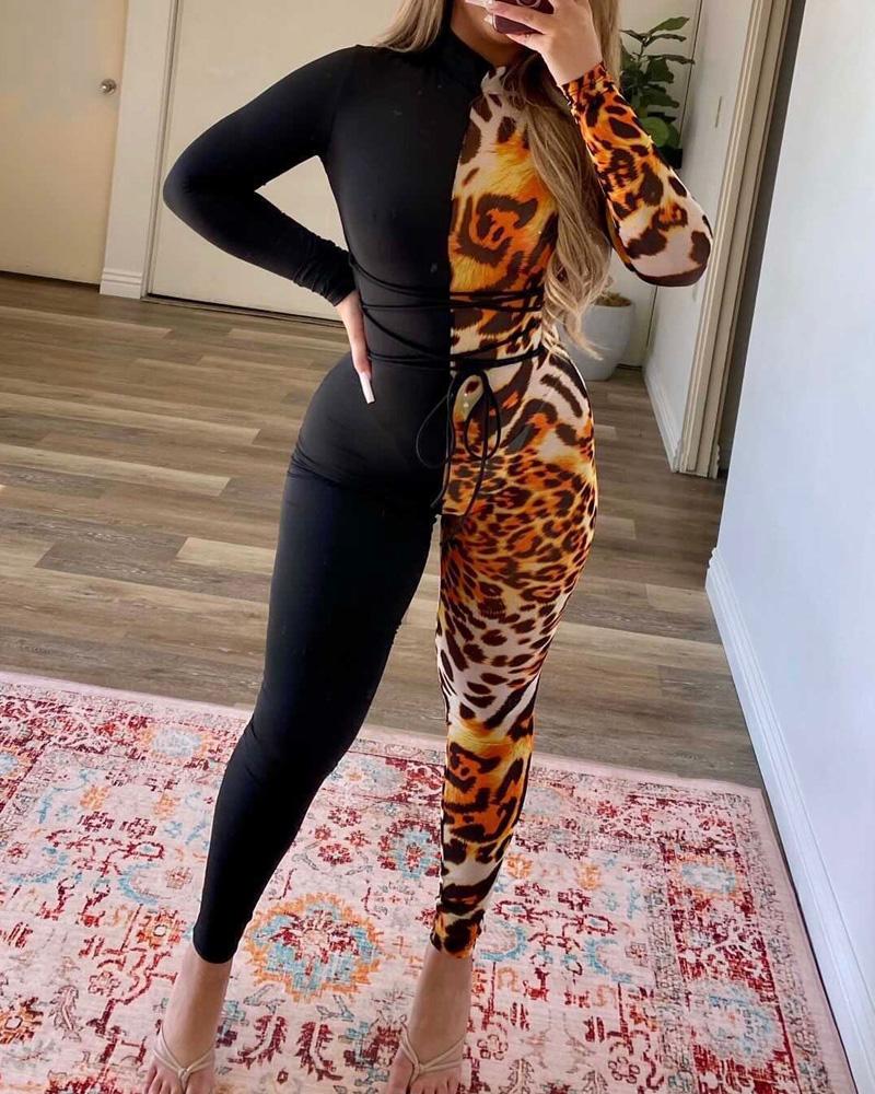 

Leopard Print Long Sleeve Skinny Jumpsuit, Black