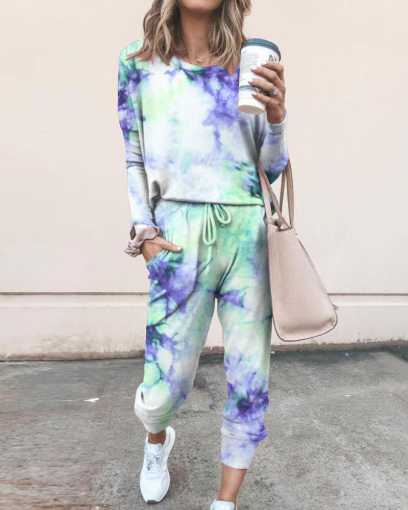 

Tie Dye Print Top & Drawstring Pants Set, Dark blue