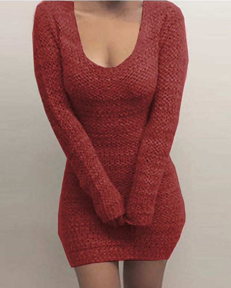 

Solid Long Sleeve Knit Bodycon Dress, Red