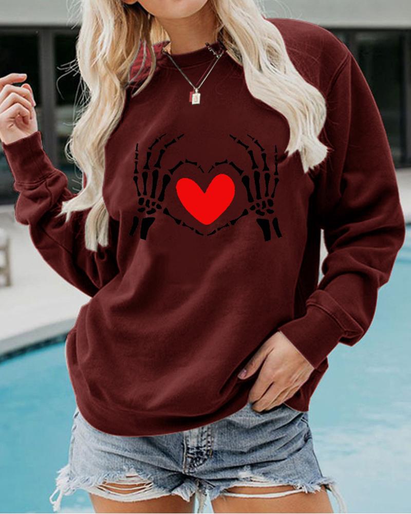 

Halloween Heart Print Long Sleeve Sweatshirt, Wine red