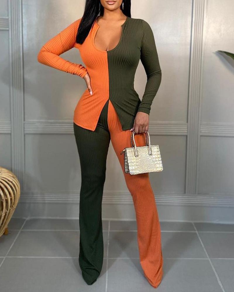

Colorblock Long Sleeve Slit Top & High Waist Pants Set, Orange