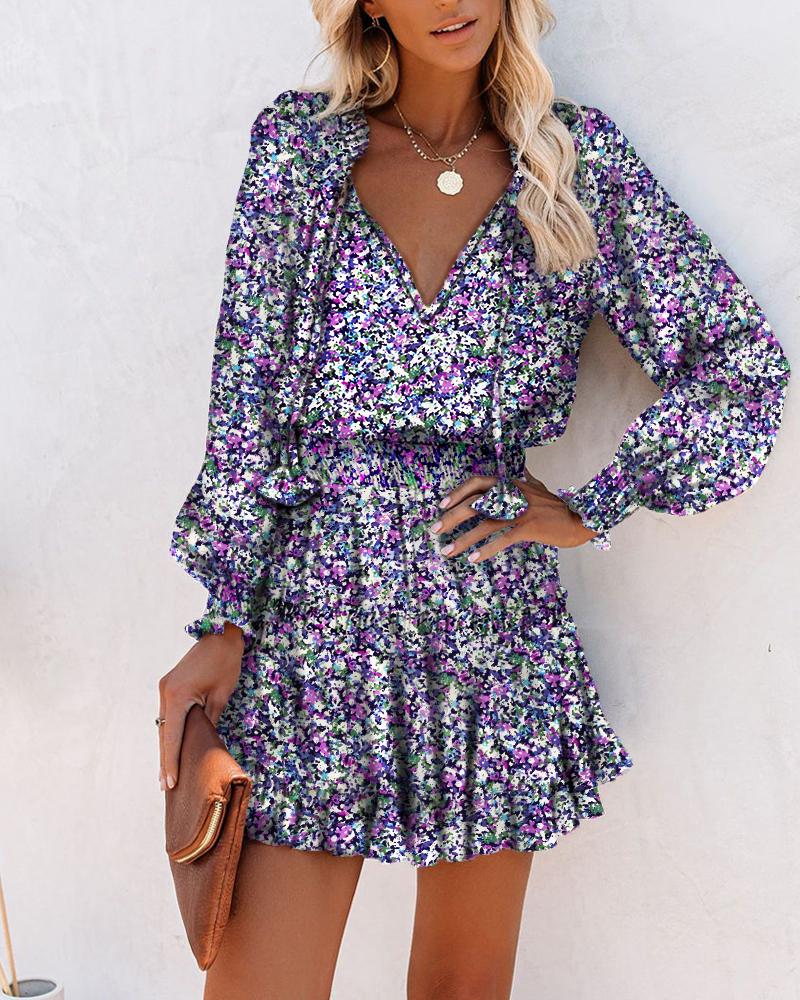 

All Over Print Long Sleeve Skinny Waist Women Dress, Multicolor