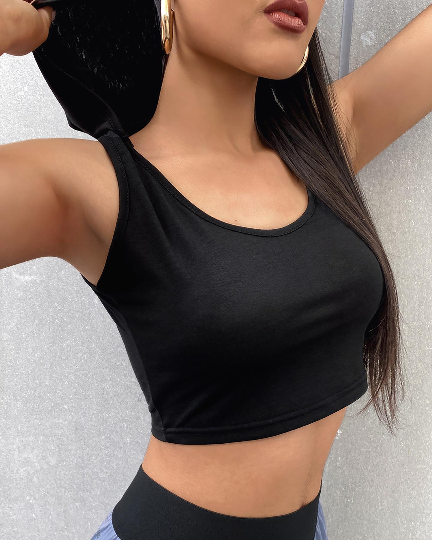 

Plain V Neck Sleeveless Short Hoodie Top, Black