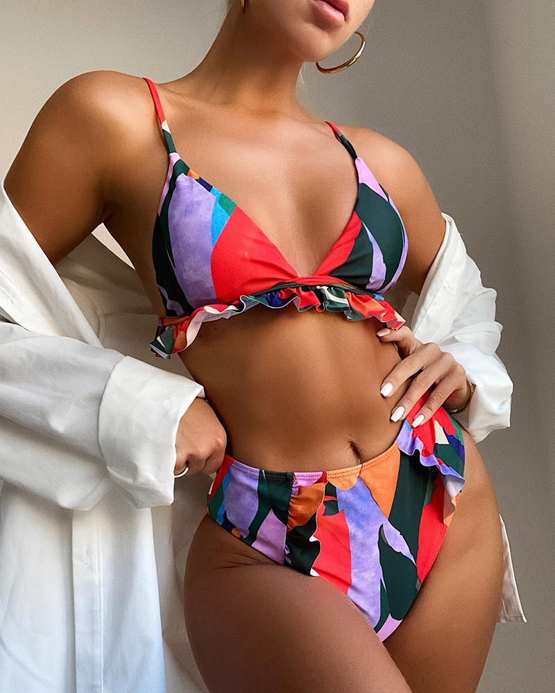 

Colorblock Frill Hem Ruched Bikini Set, Multicolor
