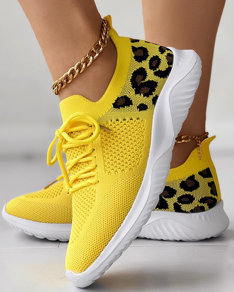 

Leopard Lace-up Breathable Casual Sneakers, Yellow