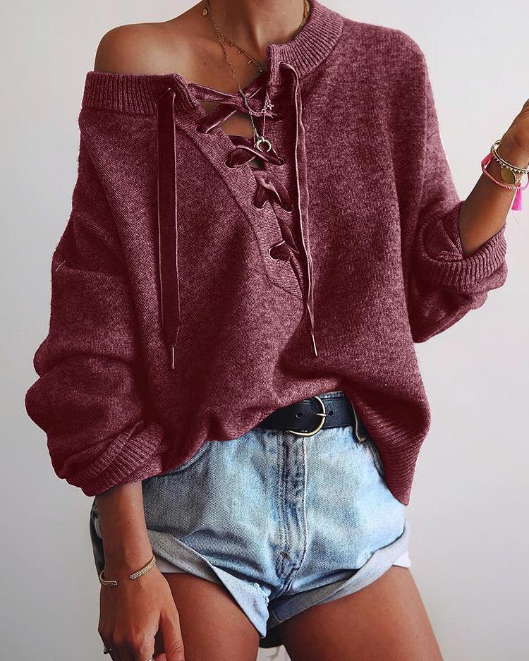 

Solid Eyelet Lace-Up Elastic Hem Sweater, Wine red