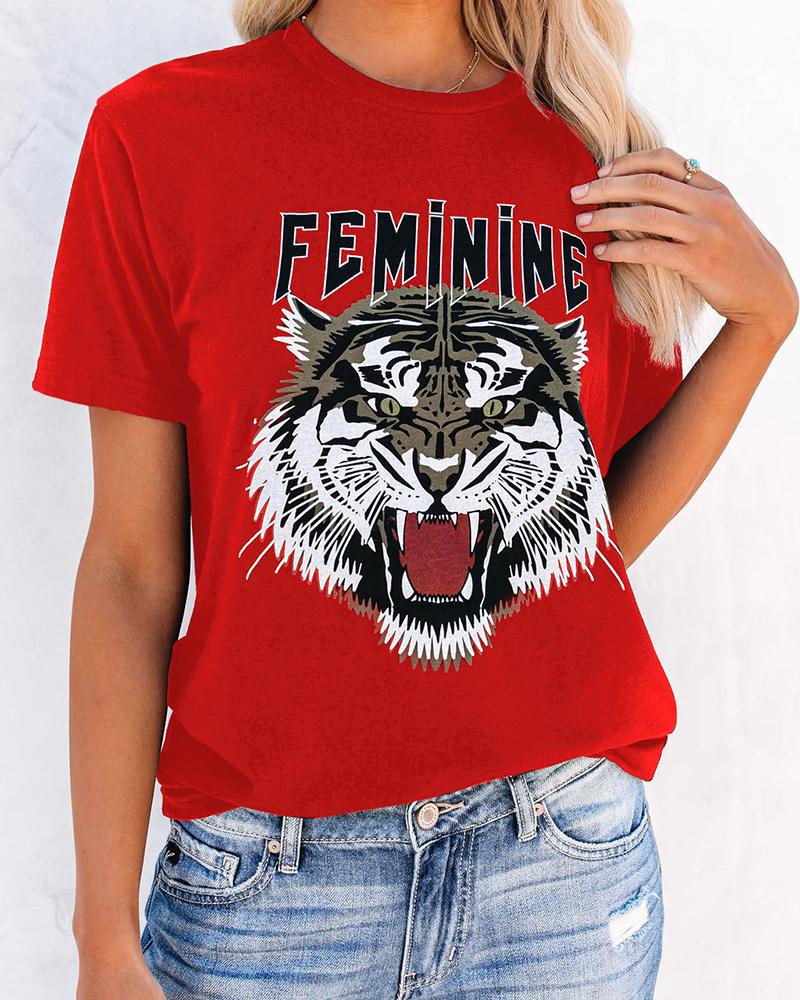 

Tiger Letter Print Casual T-shirt, Red