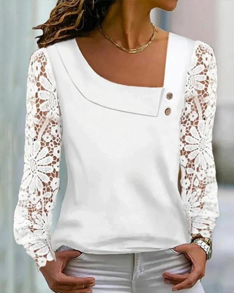 

Asymmetrical Neck Lace Patch Buttoned Top, White