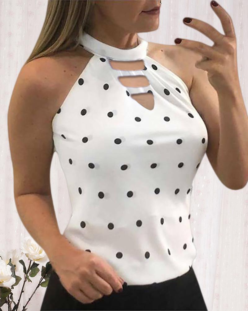 

Halter Cutout Polkadot Print Top, White
