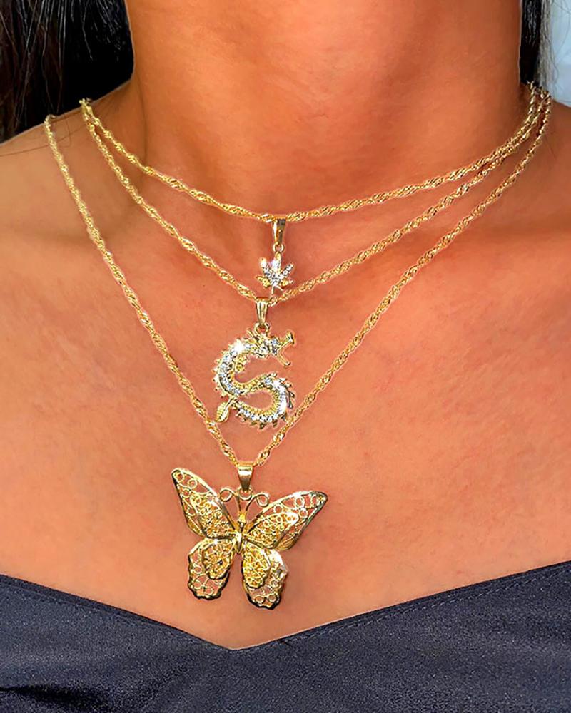 

3PCS Leaf Dragon Butterfly Pattern Rhinestone Pendant Necklace, Gold