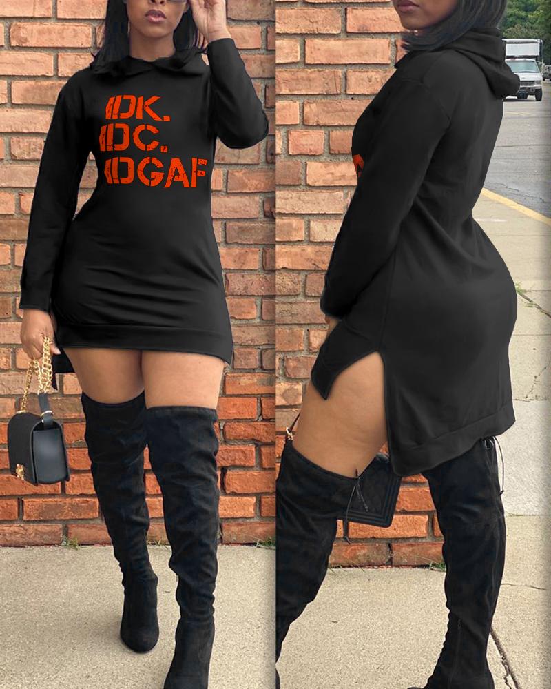 

Letter Print Split Hem Long Sleeve Sweatshirt Dress, Black