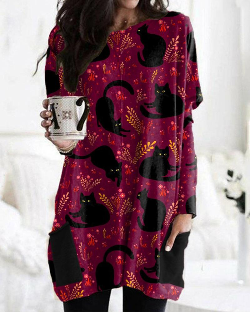 

Halloween Pumpkin Graphic Print Pocket Detail Long Sleeve Dress, Style7