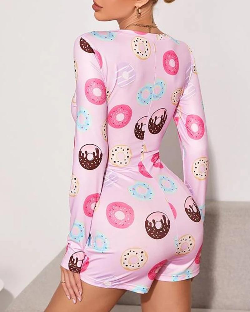 

All Over Print Plunge Long Sleeve Lounge Romper, Style1