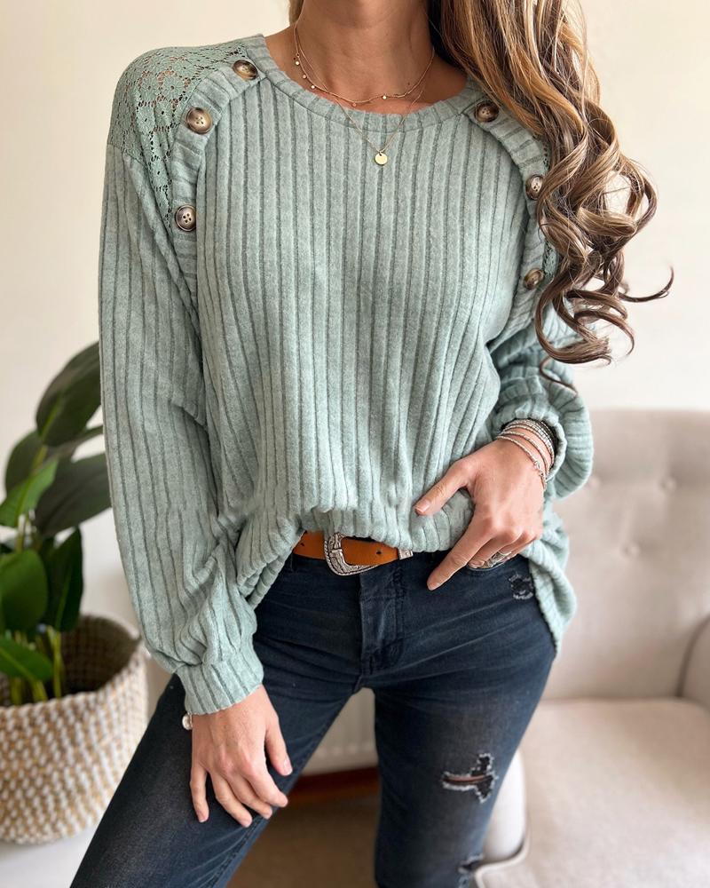 

Long Sleeve Casual Crew Neck Dressy Sweatshirt Lace Patchwork Button Decor Pullover Top, Light green