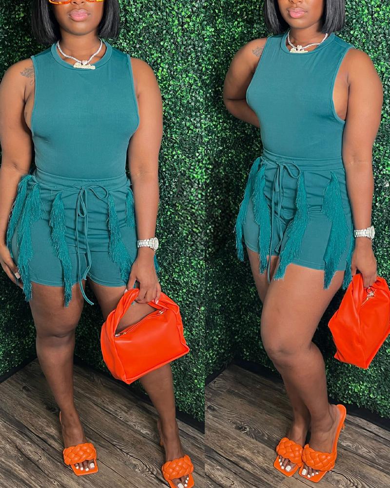 

Casual Tank Top & Tassel Decor Drawstring Shorts Set, Blue