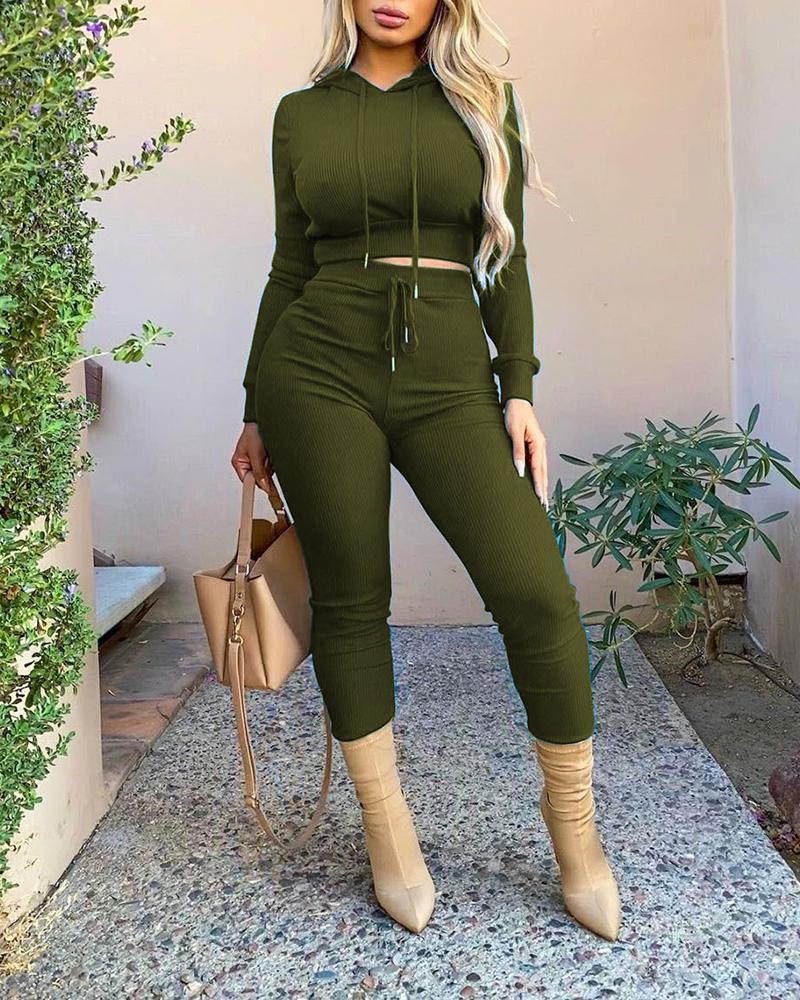 

Plain Hooded Top & Drawstring Pants Set, Army green