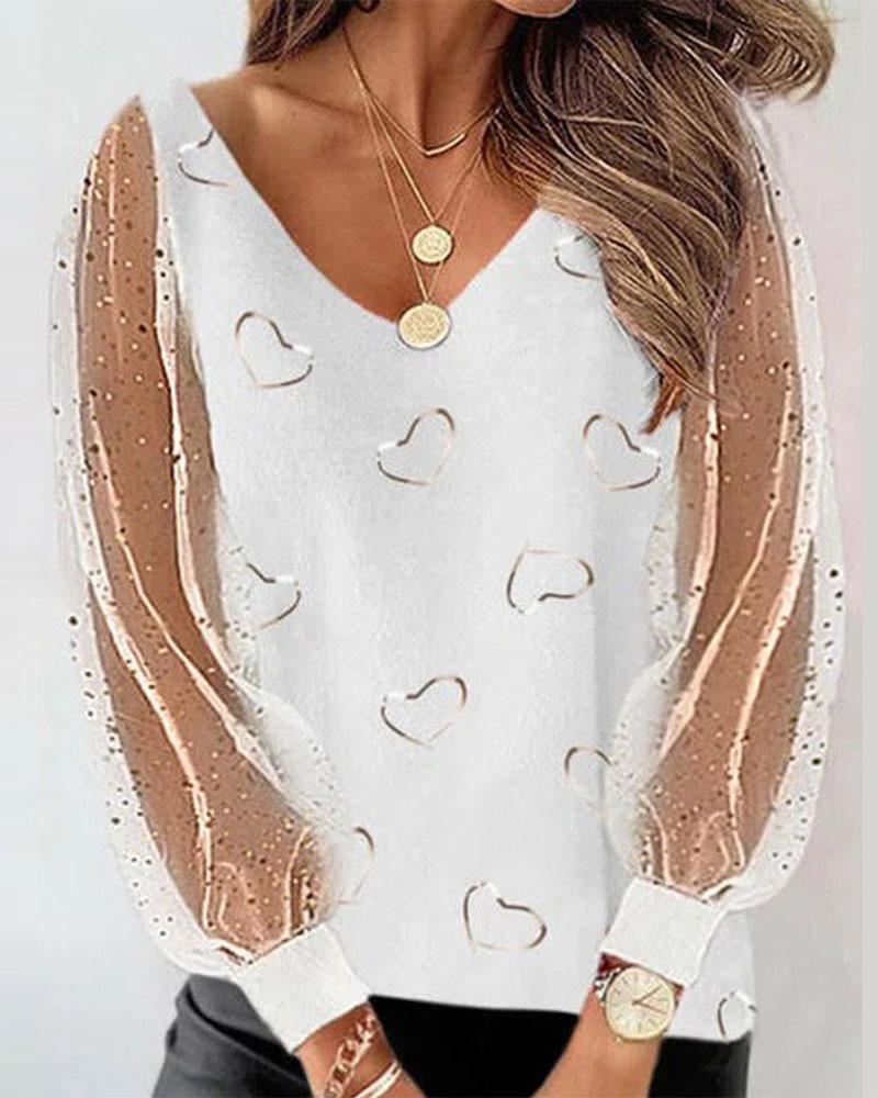 

Valentine' Day Heart Print Contrast Mesh Long Sleeve Top, White
