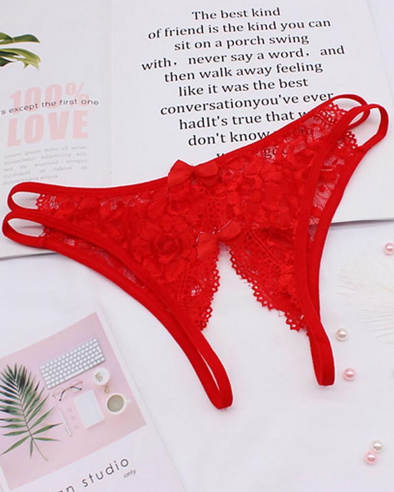 

Cutout Crochet Lace Bowknot Design Crotchless Thong, Red