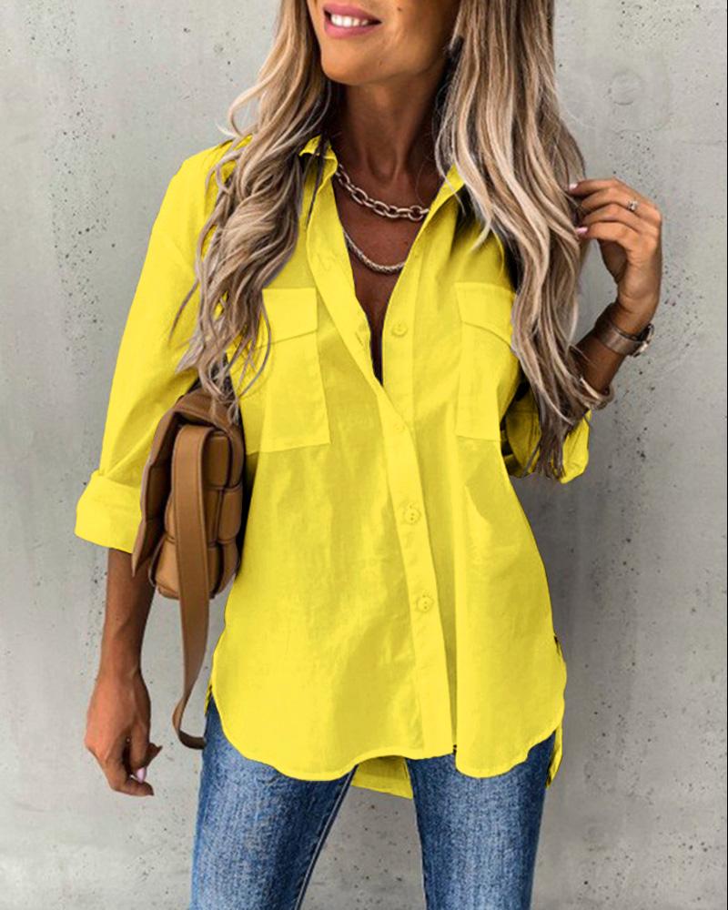 

Button Pocket Design Long Sleeve Shirt, Light yellow