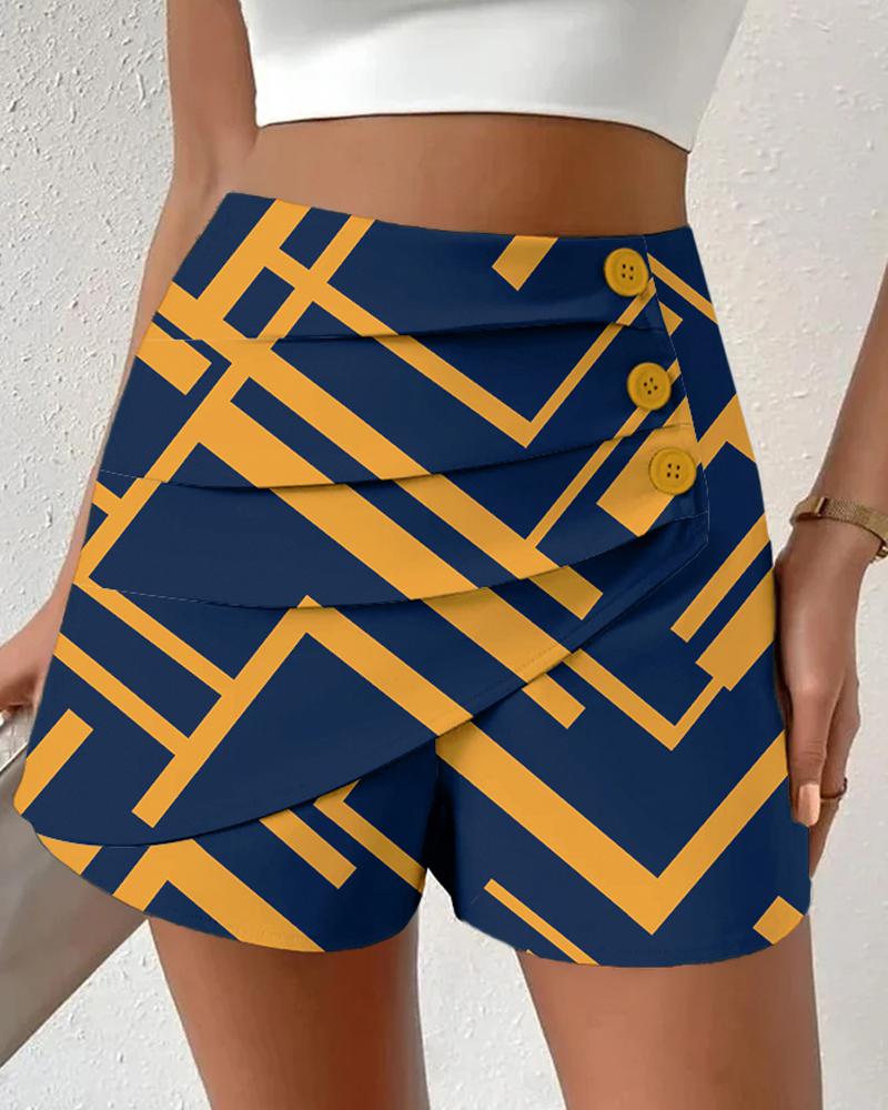 

Geometric Print Side Buttoned Ruched Shorts, Yellow