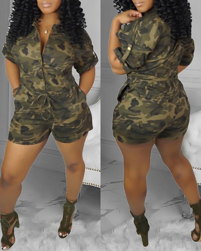 

Camouflage Print Tied Detail Roll-Up Sleeve Romper, Camoflage