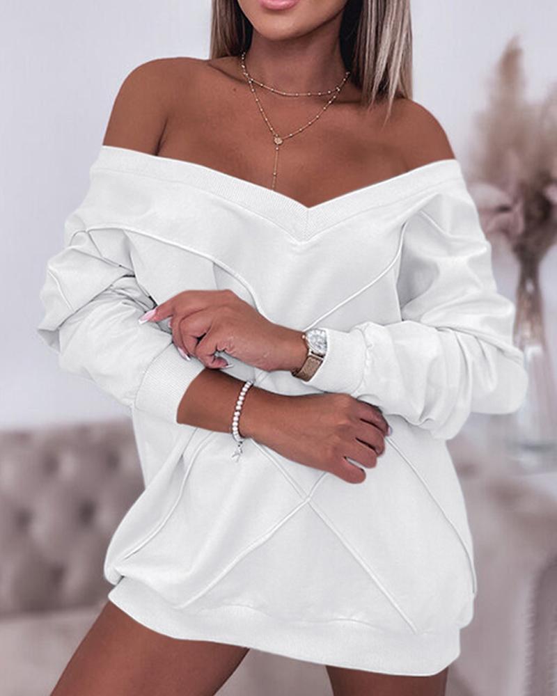 

Long Sleeve V-Neck Textured Sweatshirt, White