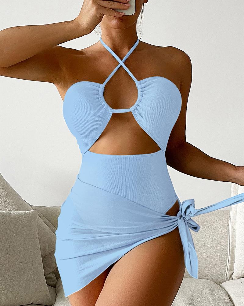 

Cutout Halter One-Piece Swimsuit With Cover Up, Blue