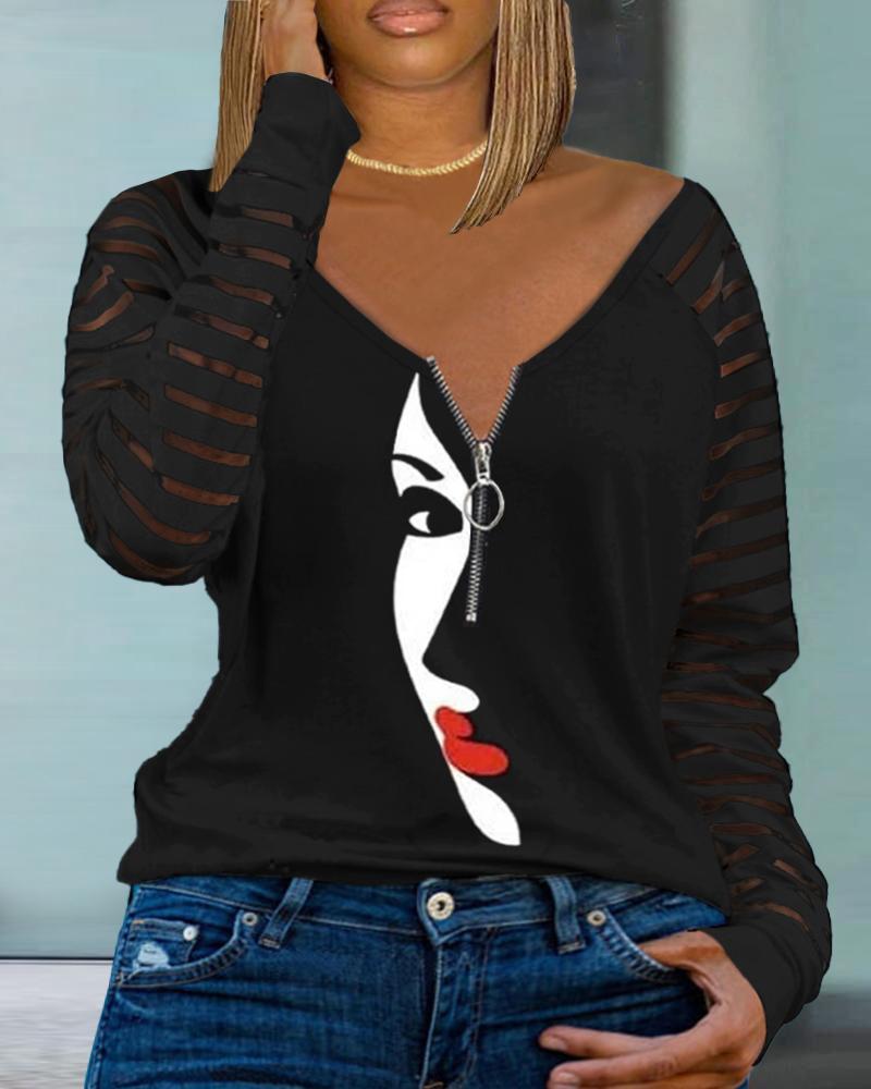 

Plus Size Figure Print Zipper Design Contrast Mesh Top, Black