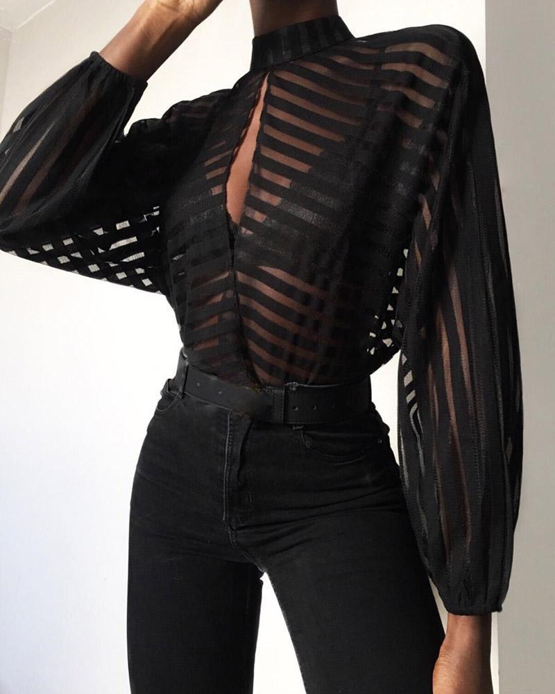 

Stripes Keyhole Front Mesh Blouse, Black