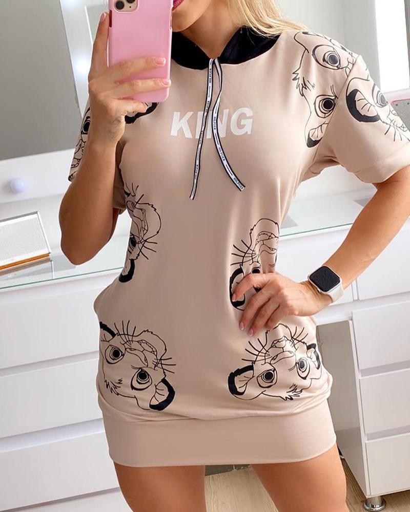 

Tiger Letter Print Short Sleeve Hooded T-shirt Dress, Beige