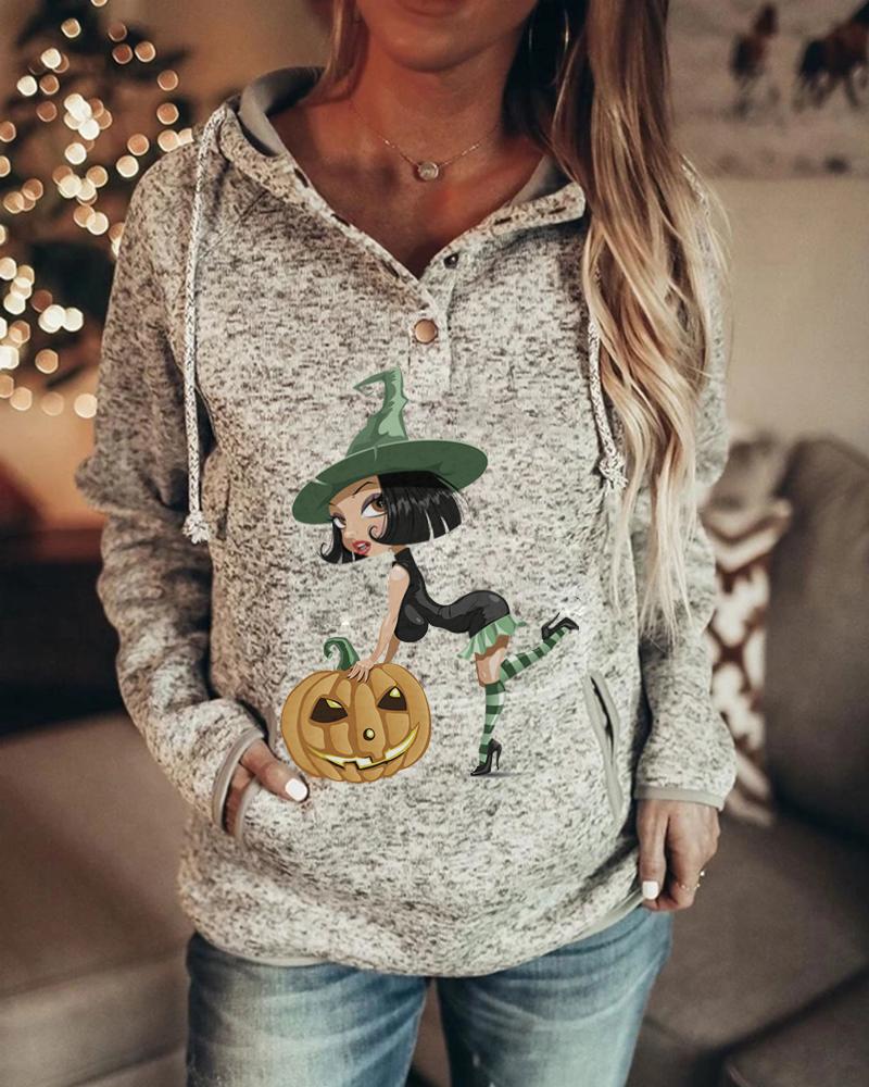 

Halloween Graphic Print Pocket Design Buttoned Drawstring Casual Hoodie, Gray