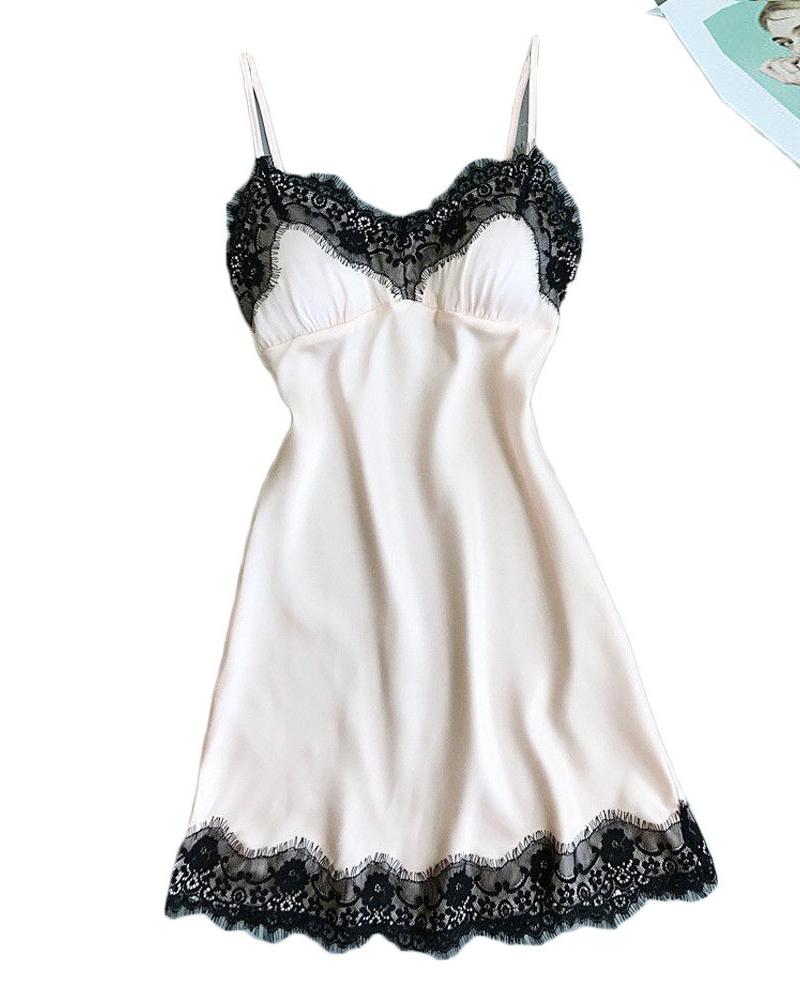 

Spaghetti Strap Contrast Lace Nightdress, White