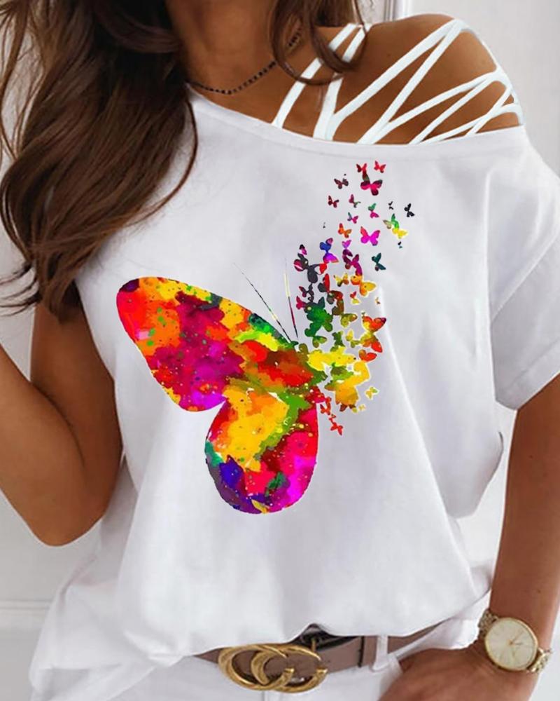 

One Shoulder Lace-up Cutout Butterfly Print T-shirt, White