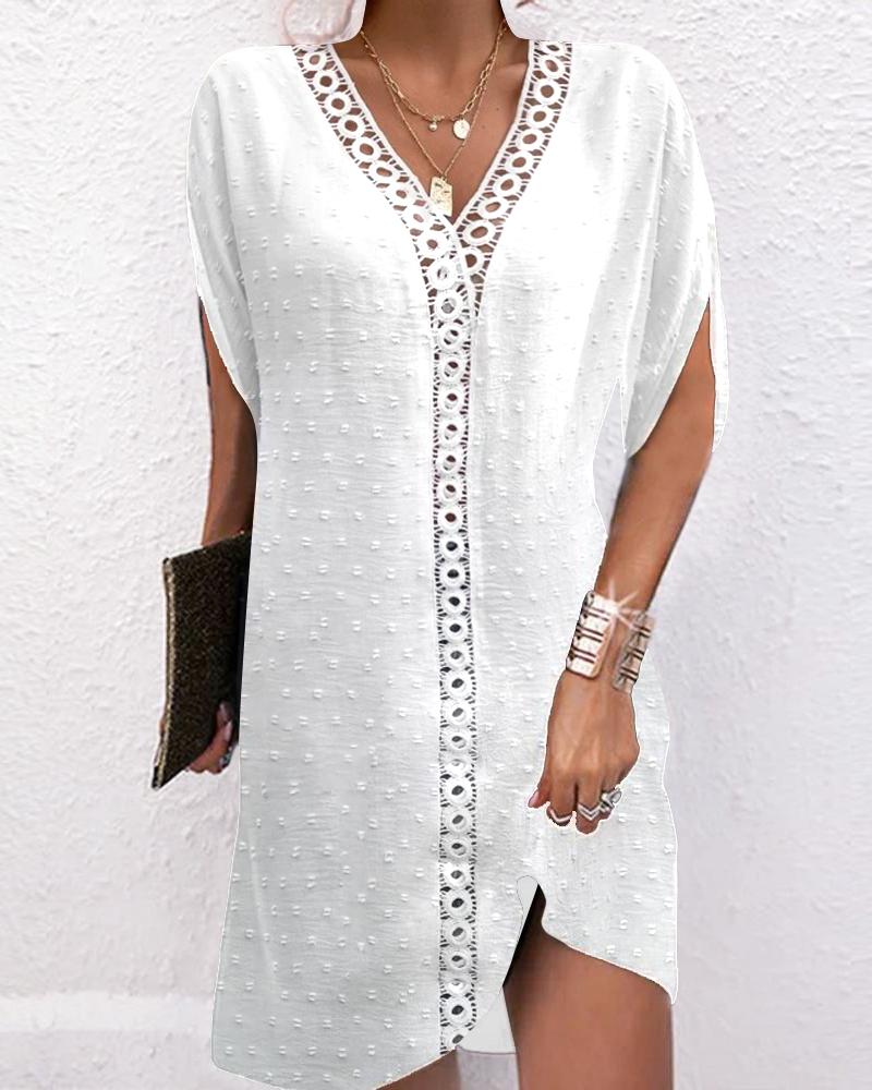

Lace Patch Half Sleeve V-Neck Casual Dress, White
