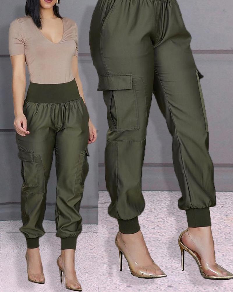 

High Waist Pocket Design Casual Pants, Army green
