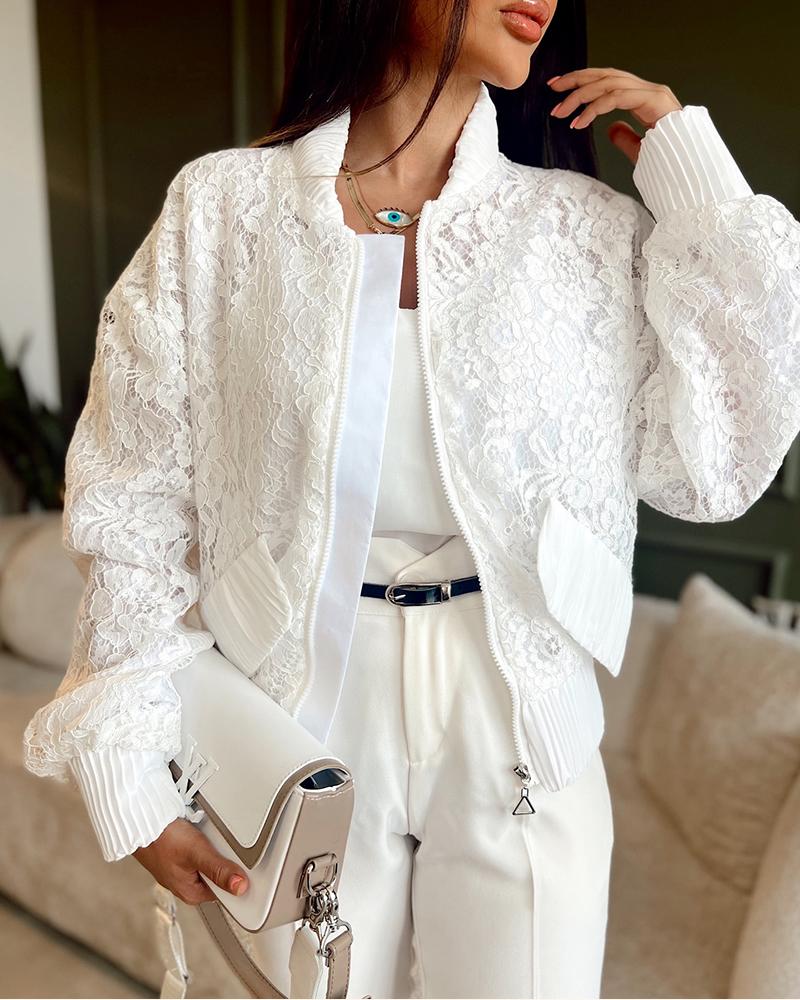 

Veste décontractée à manches longues et poches en dentelle, White