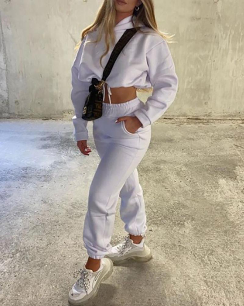 

Drawstring Hooded Crop Sweatshirt & Pocket Design Pants Set, White