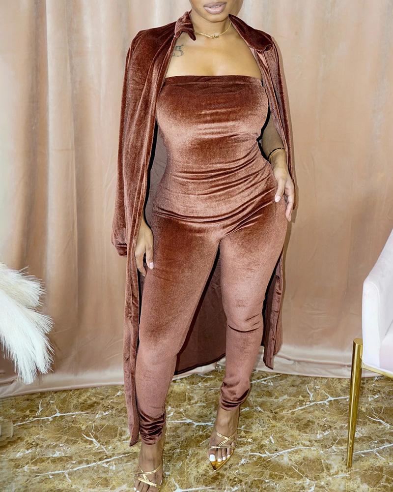 

Velvet Long Sleeve Coat & Bandeau Jumpsuit Set, Coffee